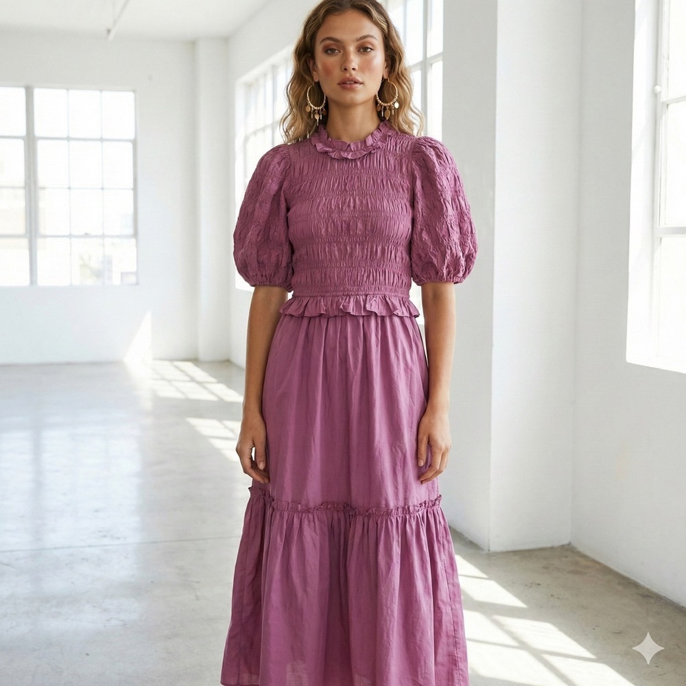 Sea New York Mauve Smocked Puff Sleeve Ruffle Cotton Midi Dress - US 2 / Small